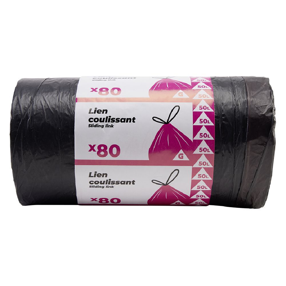 Sac poubelle noir lien coulissant 50L x80