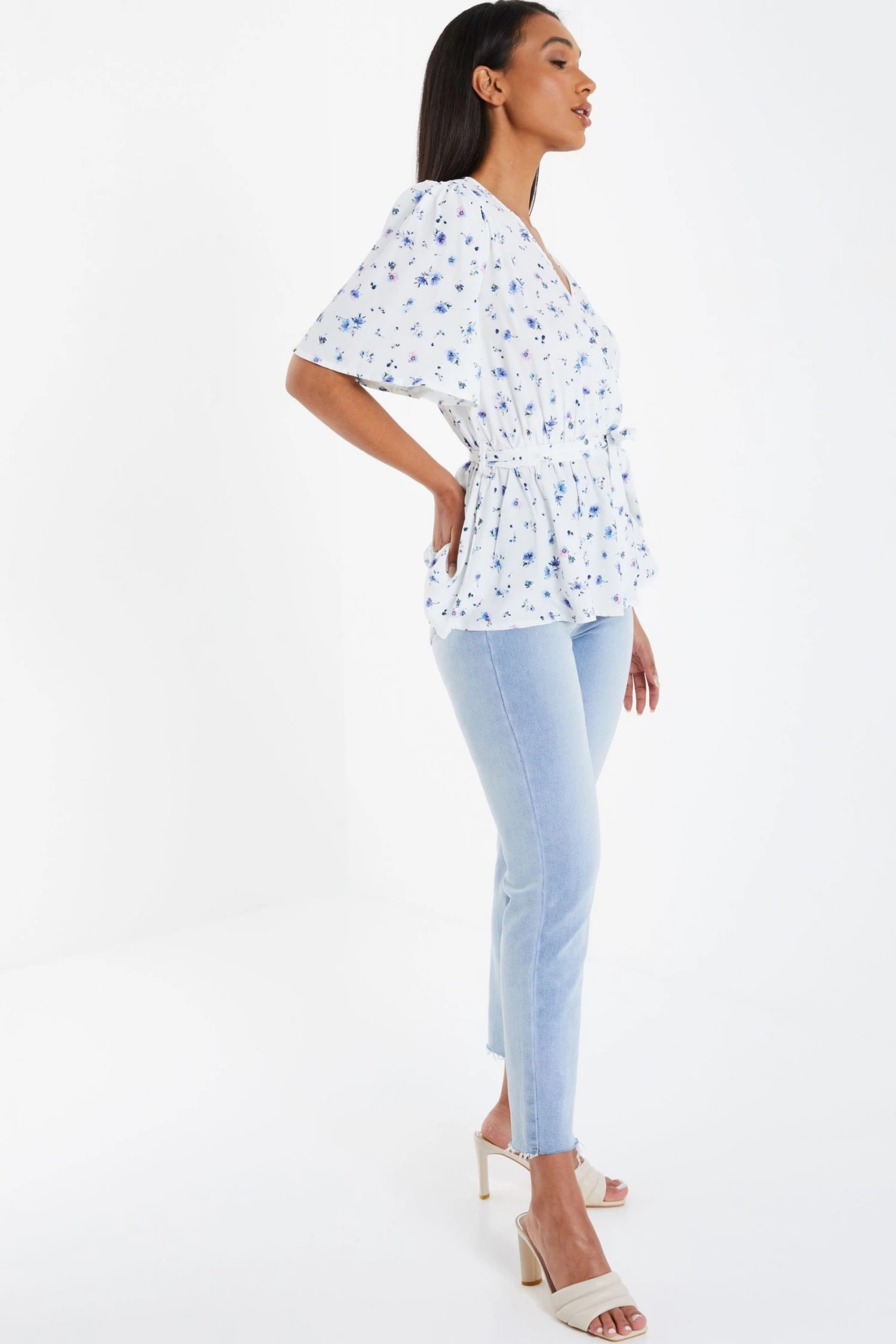 Quiz White & Blue Floral Wrap Peplum Blouse