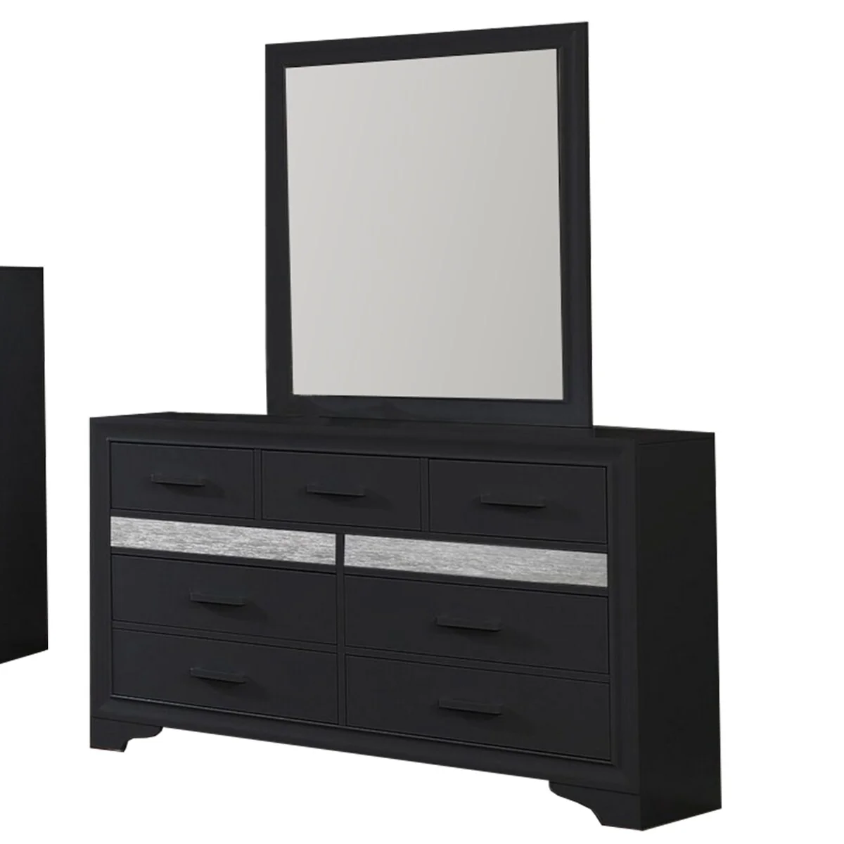 5 Piece Wooden Full Bedroom Set, Black and Silver