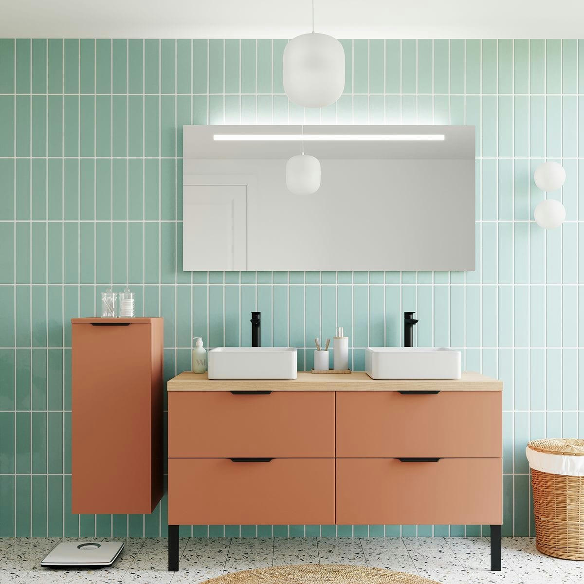 SOHO - Meuble salle de bain 2 vasques posées 140cm 4 tiroirs Terracotta