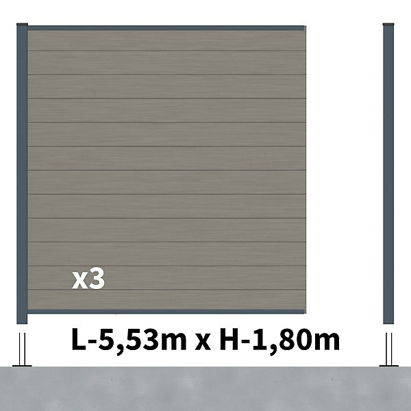 Kit Clôture Composite RIO Platines 5,5x1,8m - Bois composite &Aluminium - Poteaux sur Platines Gris - Brise vue - Palissade