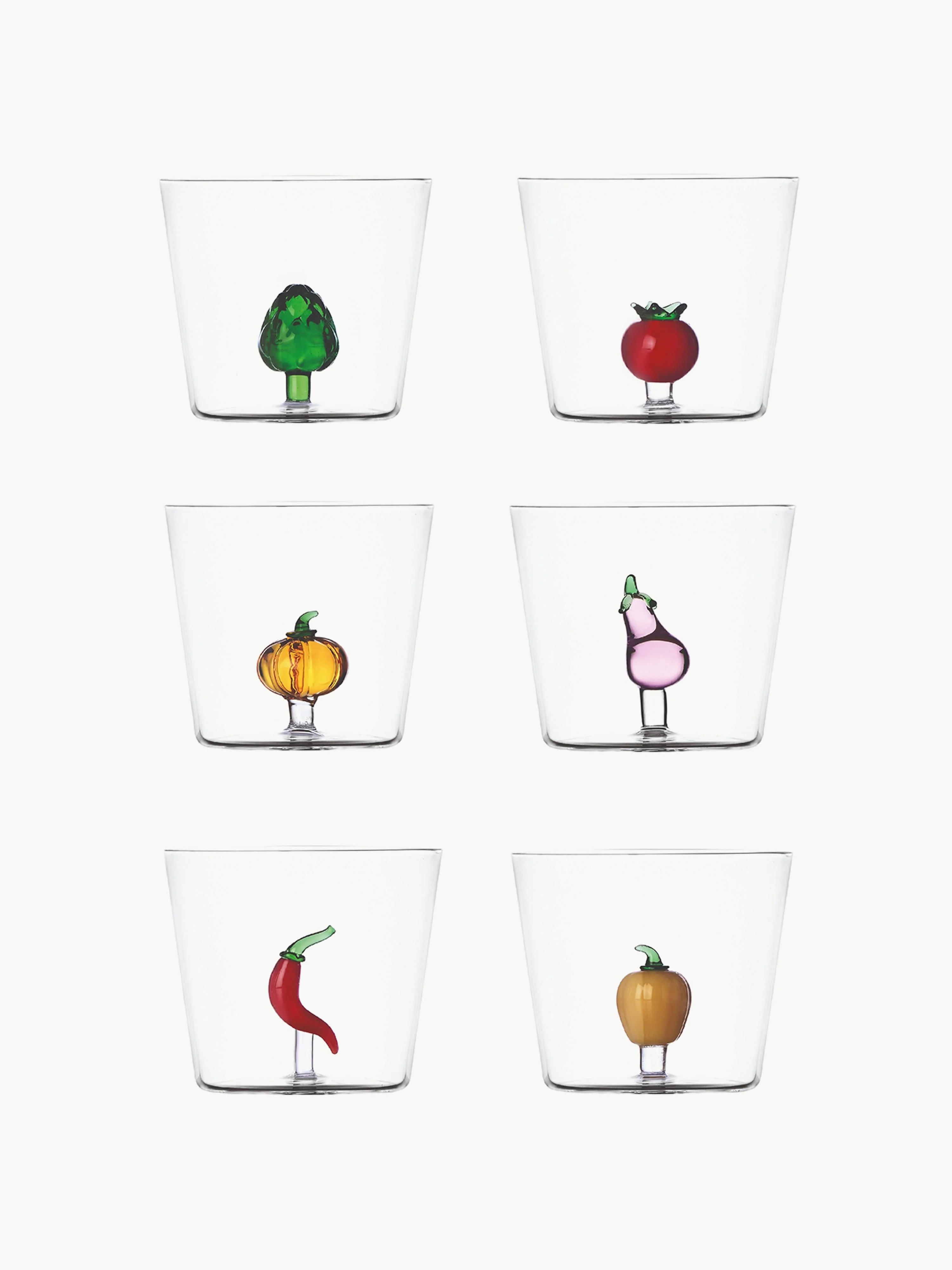 Handgefertigte Trinkgläser Vegetables aus Borosilikatglas, 6er-Set