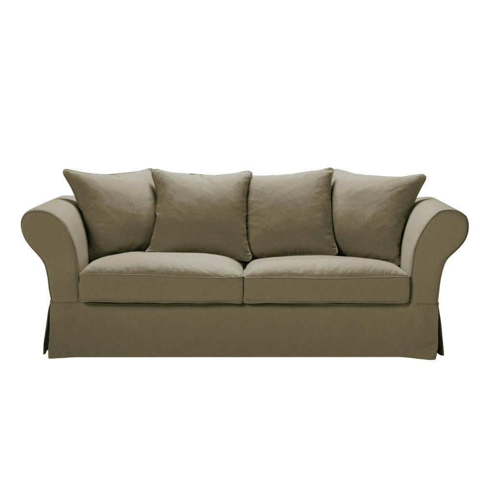 Roma - Housse de canapé fixe et convertible 3/4 places (6 cm) en lin froissé vert kaki