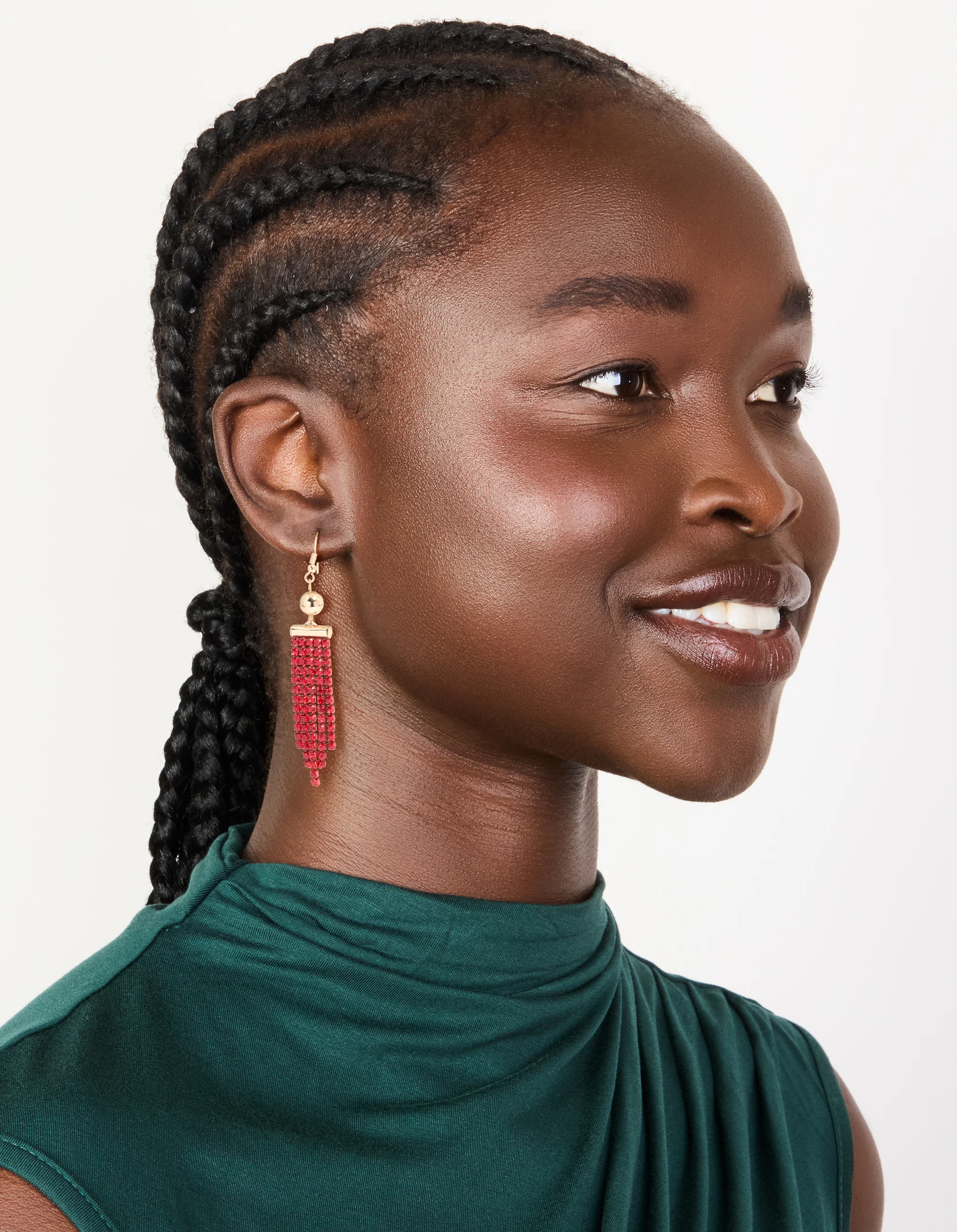 Gold Red Diamante Ball Cup Chain Drop Earrings