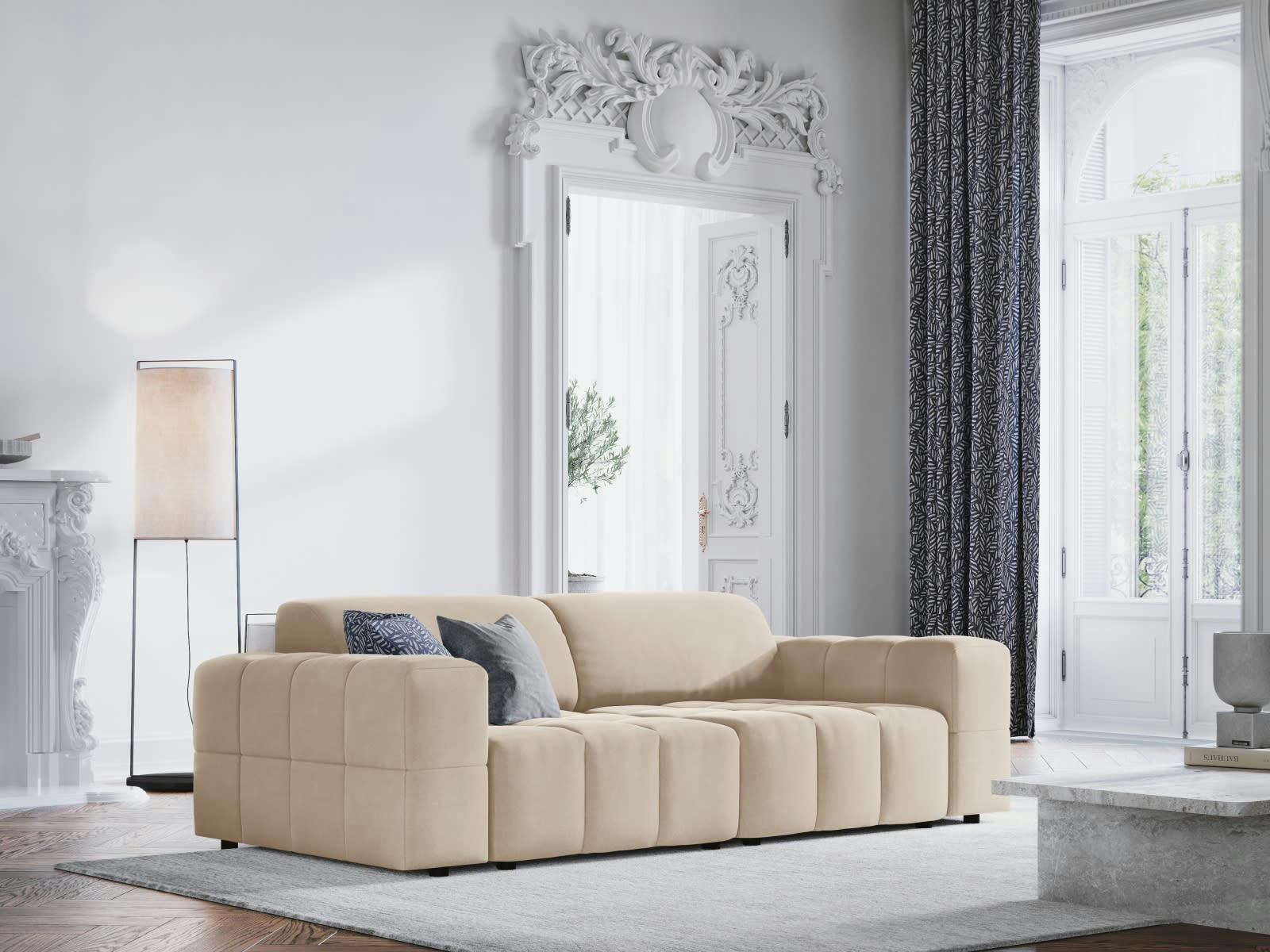 LUC - Canapé 3 places en tissu velours beige clair