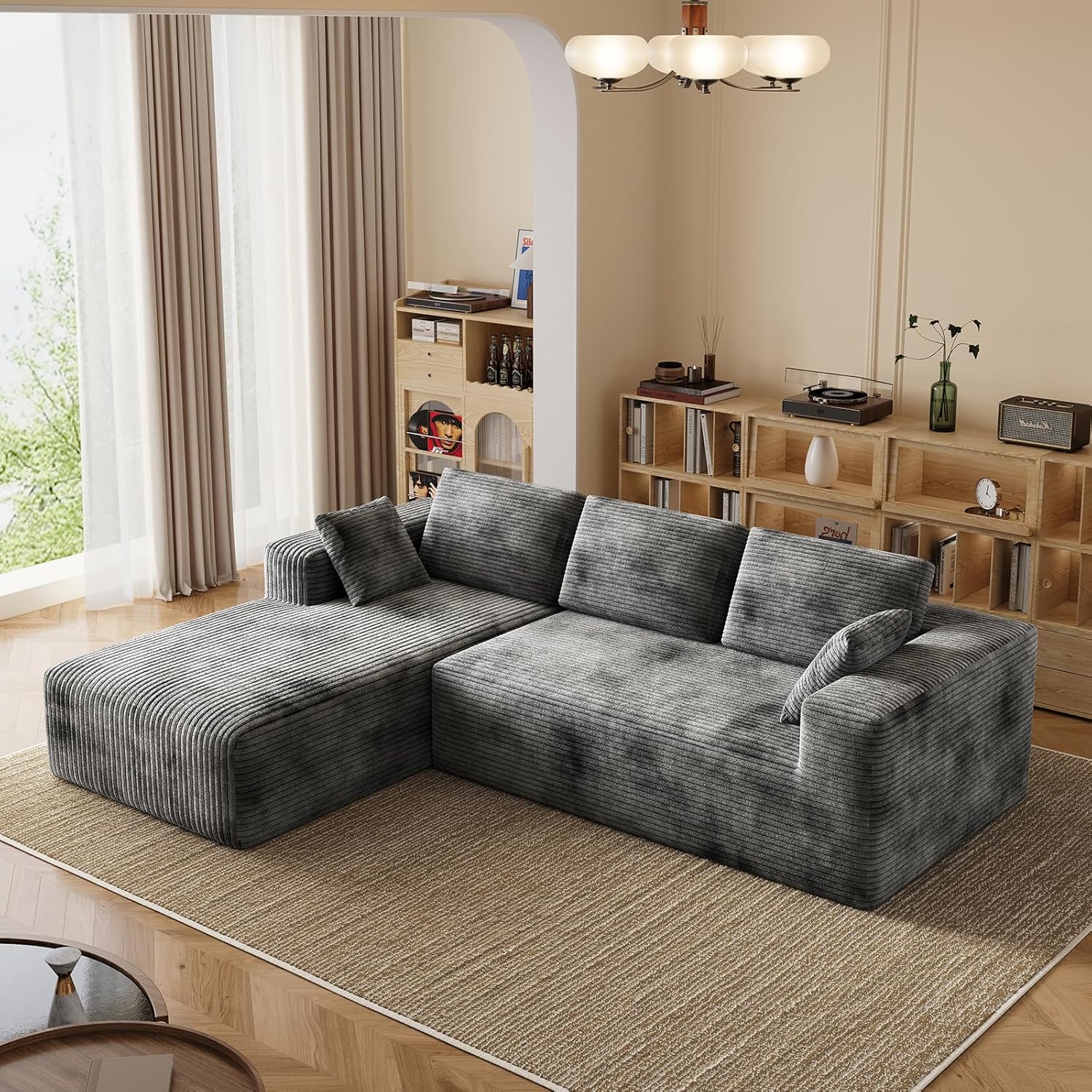 106 Corduroy Sectional Couch, Boneless L Shaped Couch with Deep Seat, Cloud Foam Sofa with Oversized Chaise, Sectional Sofa No Assembly Needed for Living Room