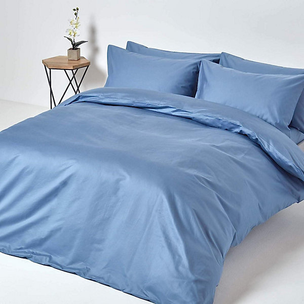 Drap plat en satin de coton égyptien 1000 fils bleu, 180x290 cm - HOMESCAPES
