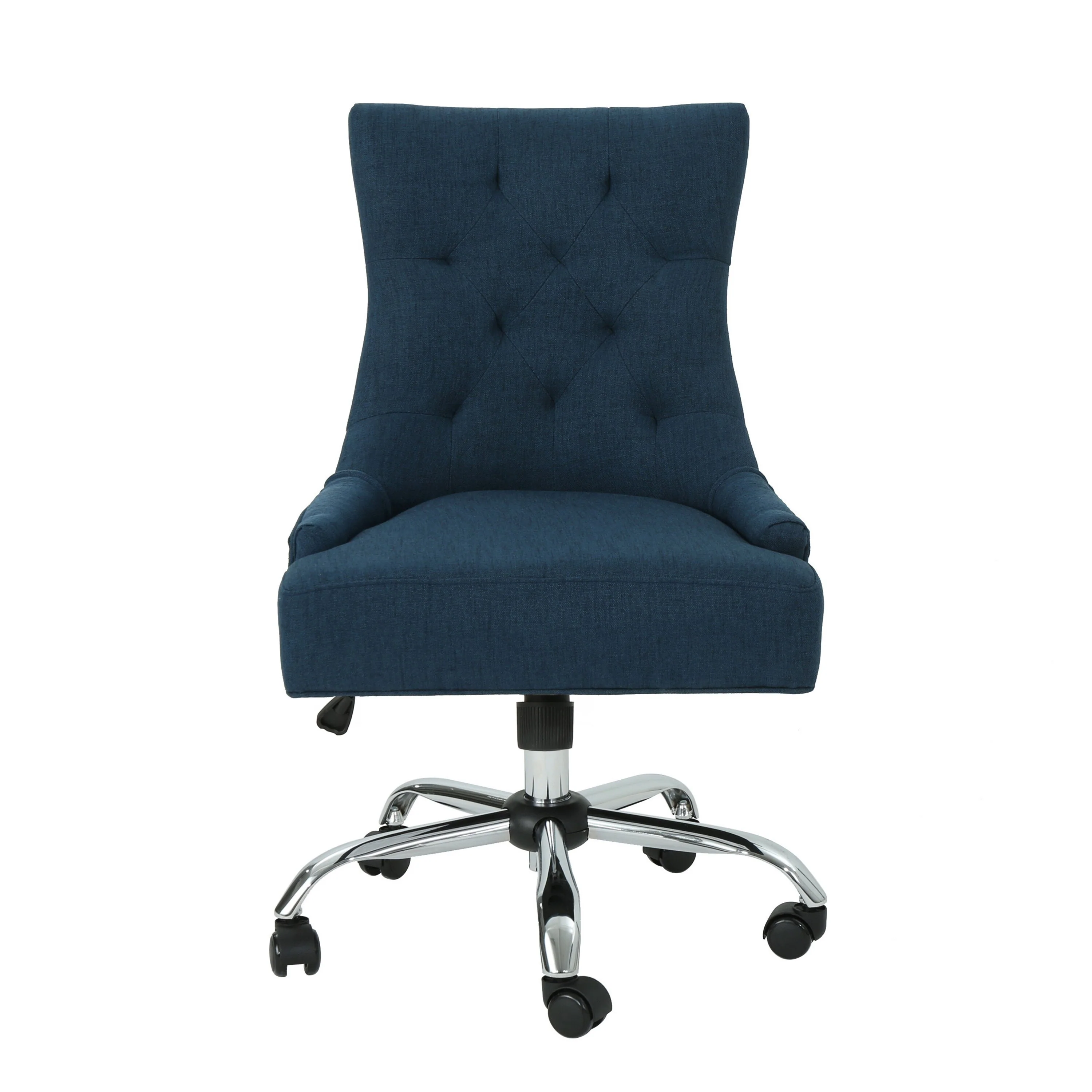 Ovi Swivel Office Chair, Navy Blue Fabric, Tufted Back, Rolling Wheels
