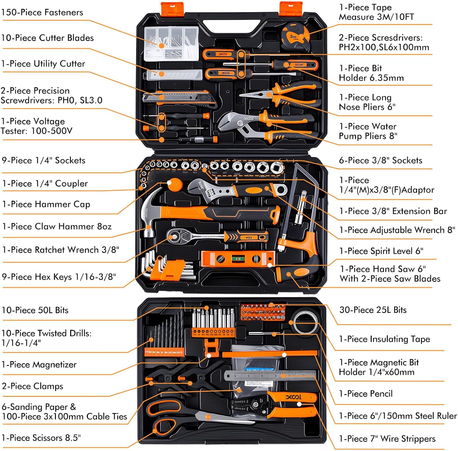 XOOL 368 Piece Home Repair Tool Kit with Drawer Toolbox, Includes Hammer, Pliers, Screwdrivers, Wrench, Tape Measure & More for Home Repair, Apartment, Office, Garage and DIY Projects