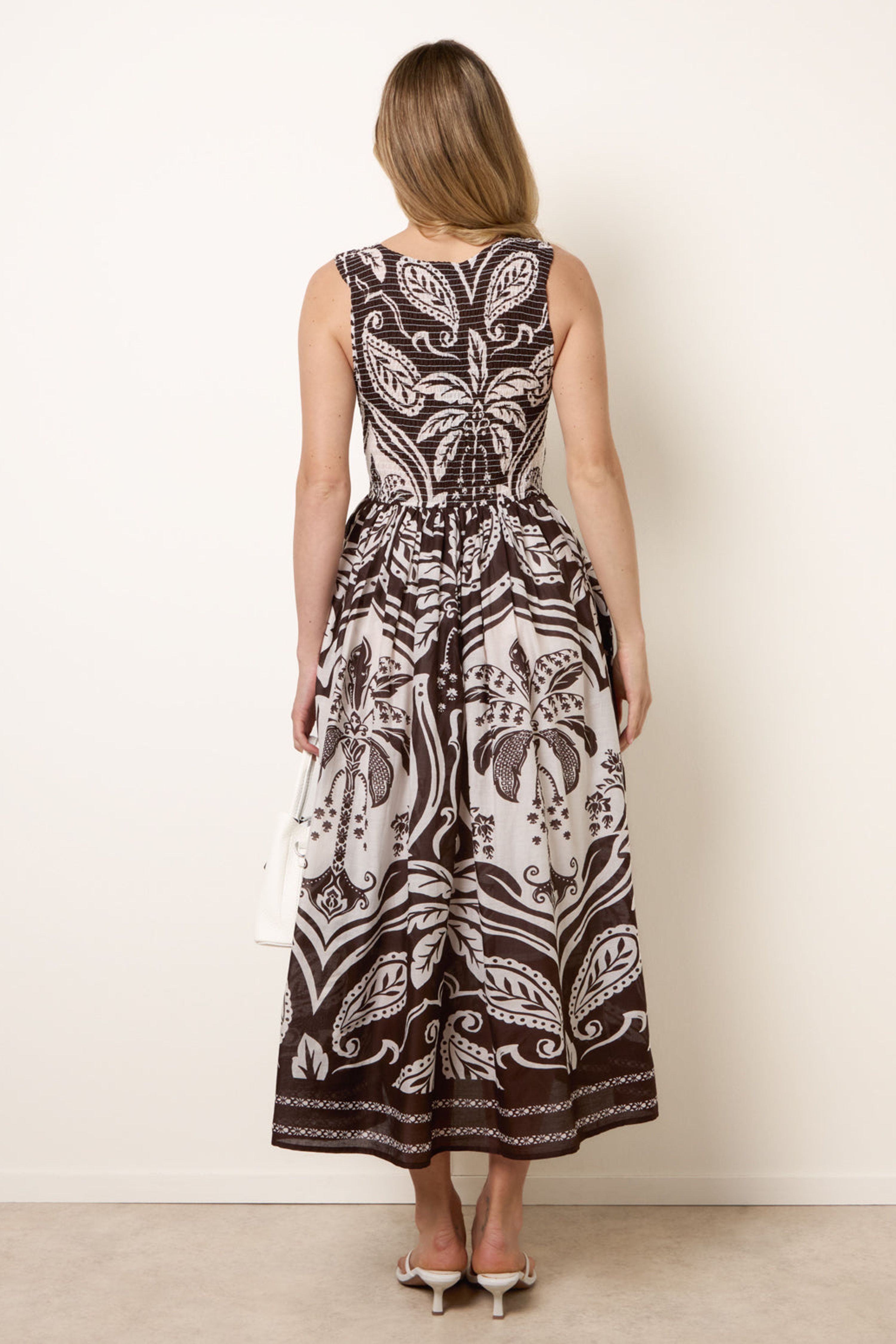 Blue Vanilla Brown Sleeveless Shirred Dress