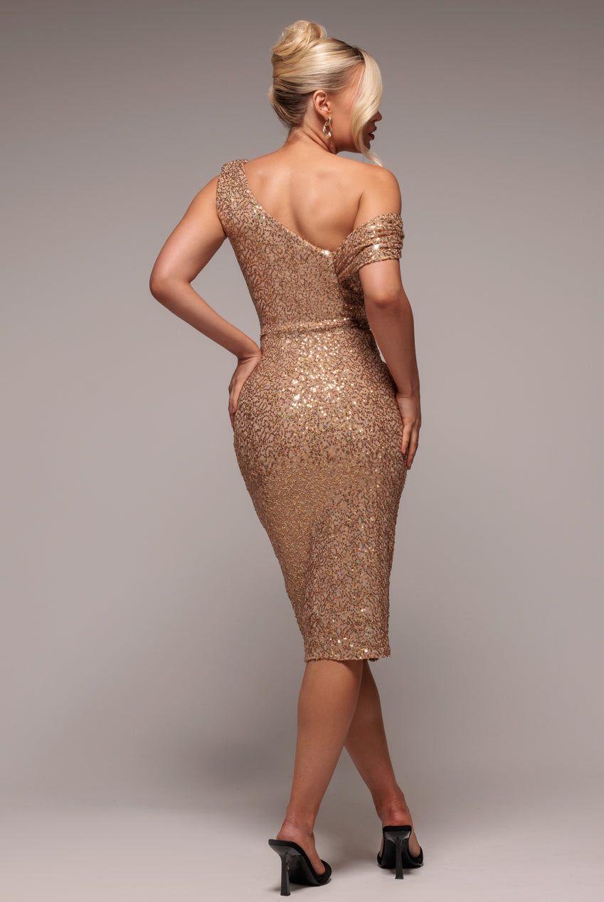 Goddiva Sequin Cowl One Shoulder Midi Dress