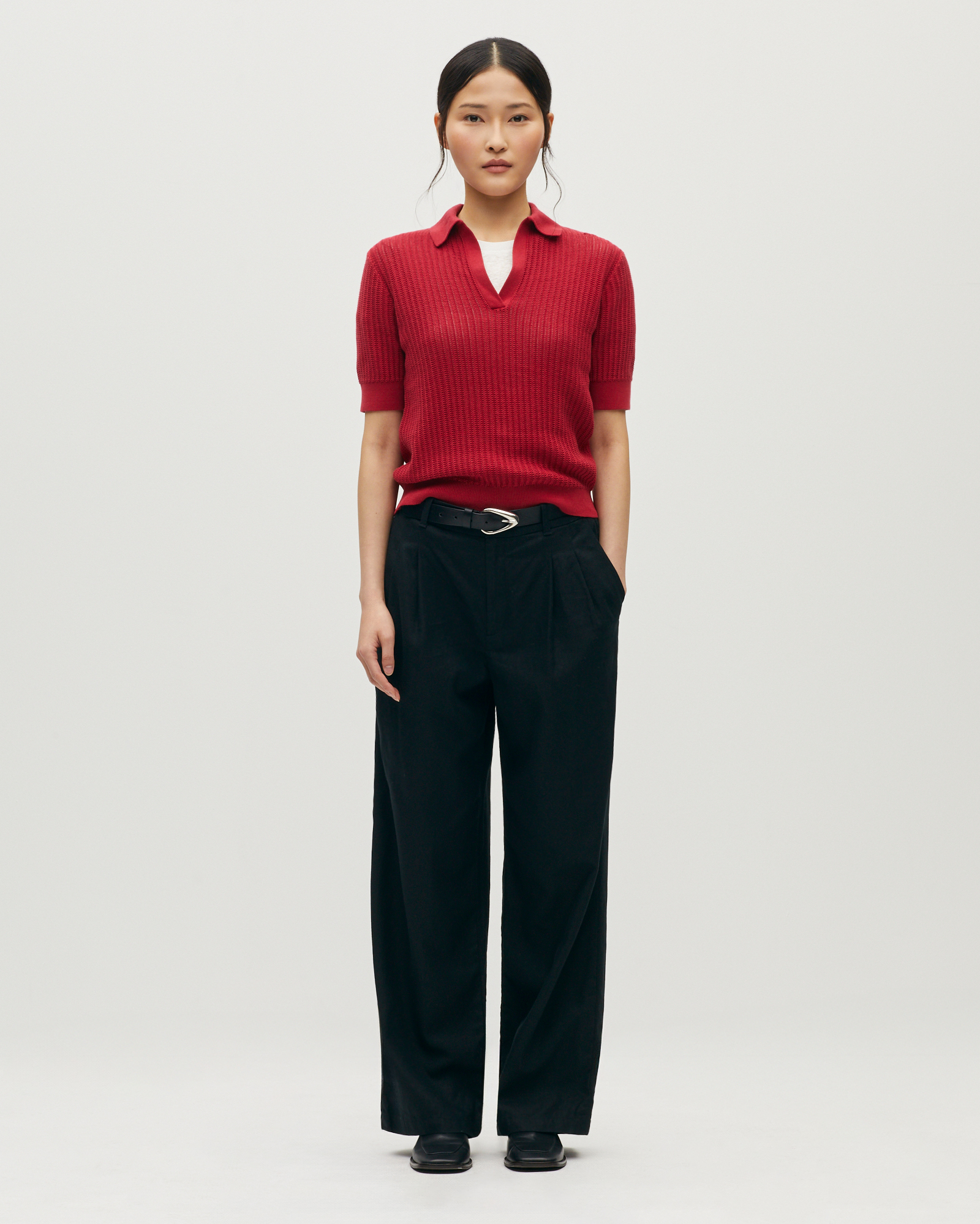 Pantalon droit à plis en coton et lin