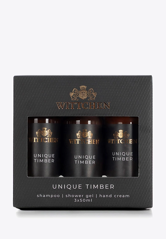 Podróżny zestaw kosmetyków szampon, żel, krem do rąk Unique Timber
