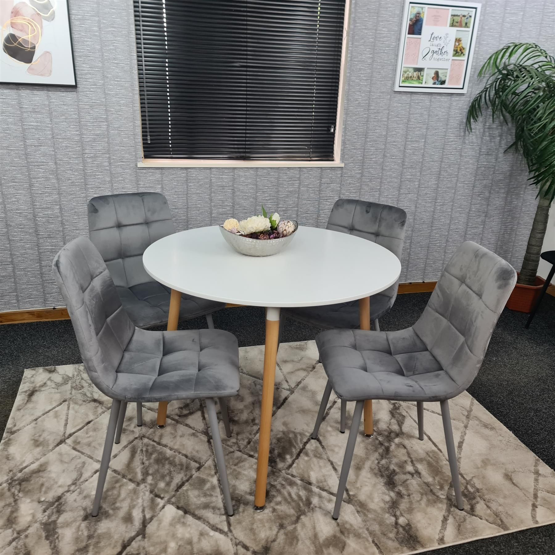 KOSY KOALA Dining Table And 4 Chairs White Round Table With 4 Grey Velvet Chairs Dining Room Furniture