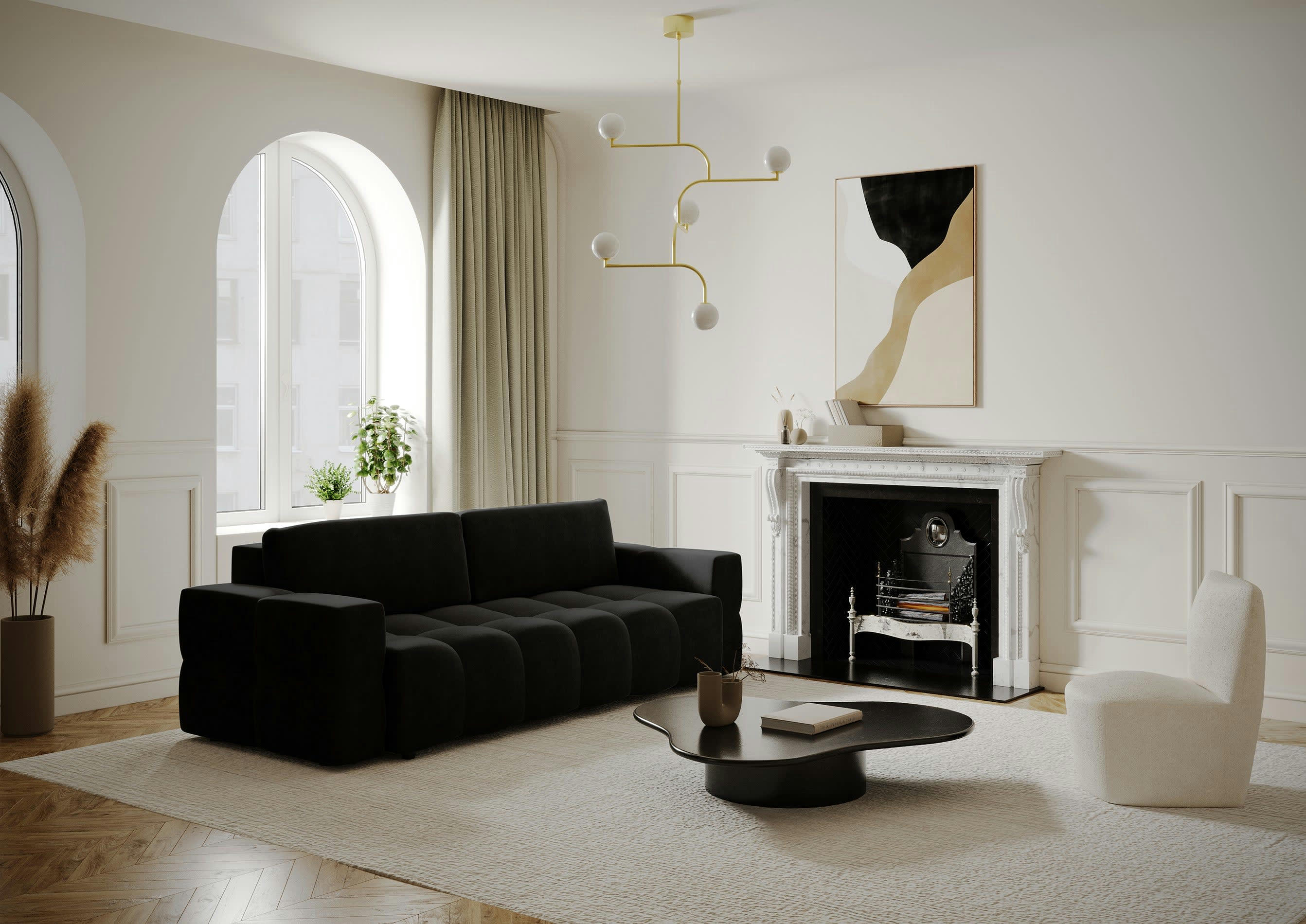 GABRIEL - Canapé 4 places convertible coffre noyer velours noir