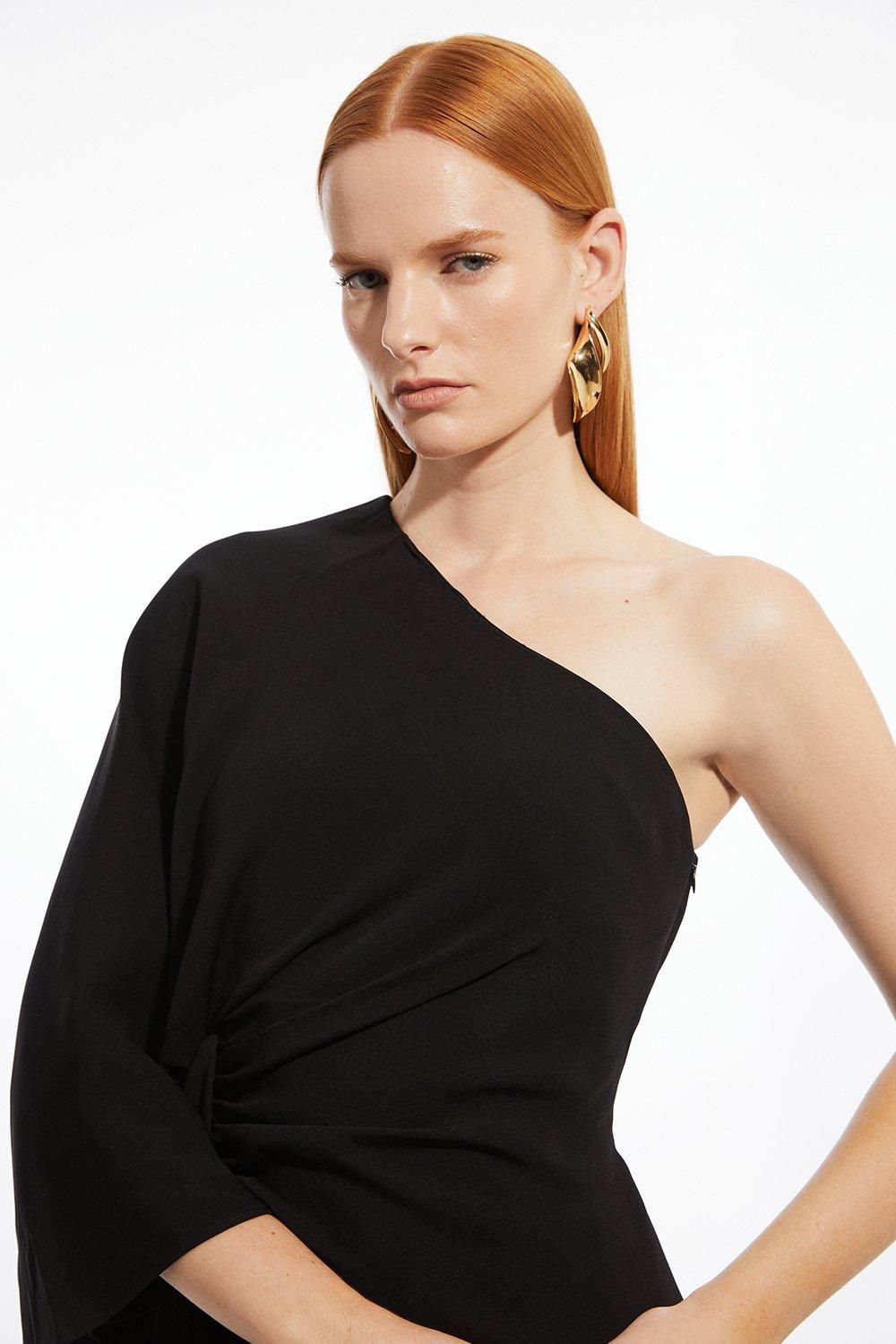 KarenMillen Compact Stretch Viscose Drape Sleeve One Shoulder Tailored Maxi Dress