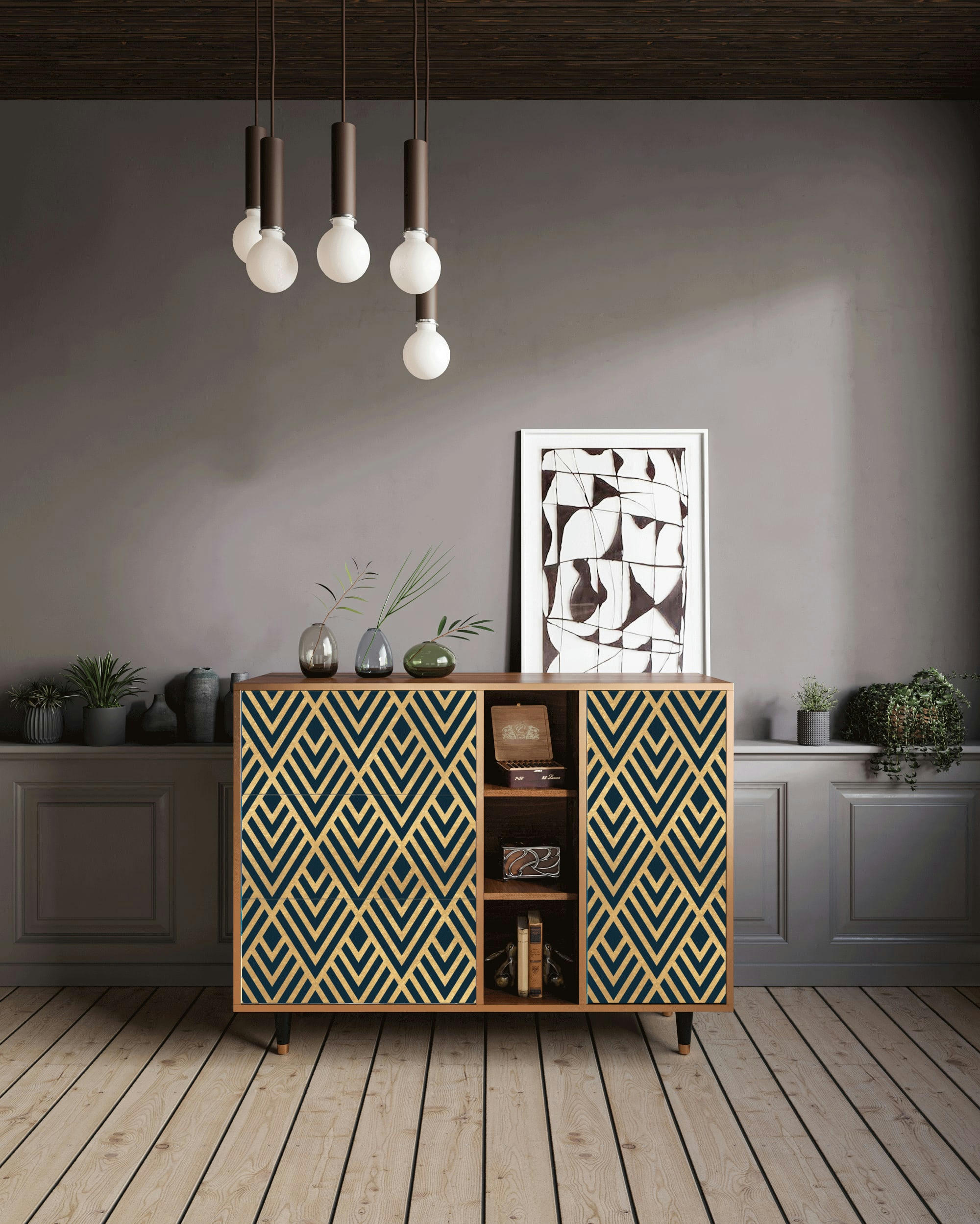 EGYPT TRIANGLES - Buffet  bleu 3 tiroirs et 1 porte L 125 cm