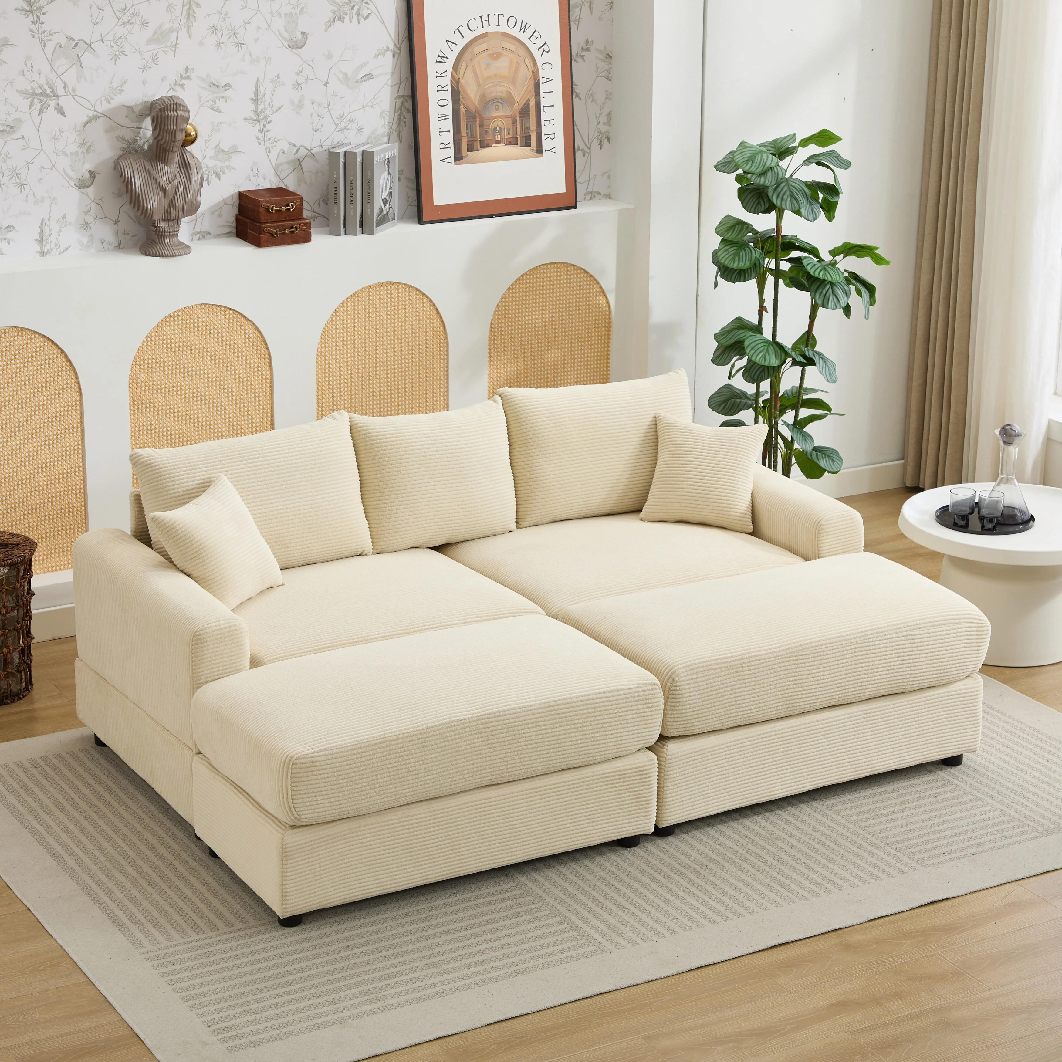 Modern Sectional Sofa with Corduroy Upholstery and Matching Footstools, for Living Room and Guest Room