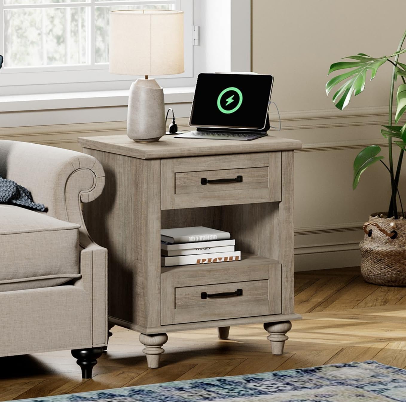 WAMPAT Farmhouse End Table Nightstand with Charging Station, Small Side Table with 2 Drawers & Shelf for Living Room, Light Wood Night Stand Bedside Table for Bedroom, Grey