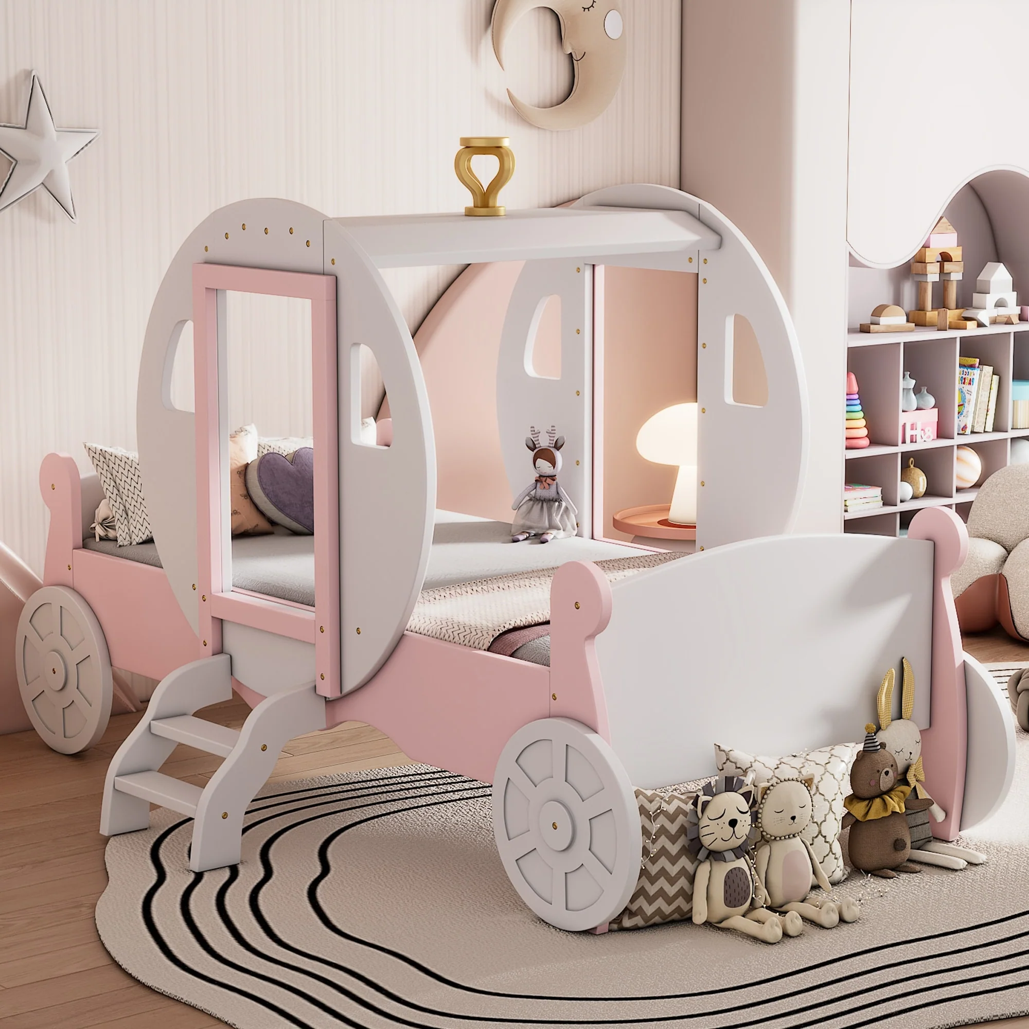 Twin Princess Carriage Bed with Crown Design, Wood Platform Bed with Stairs