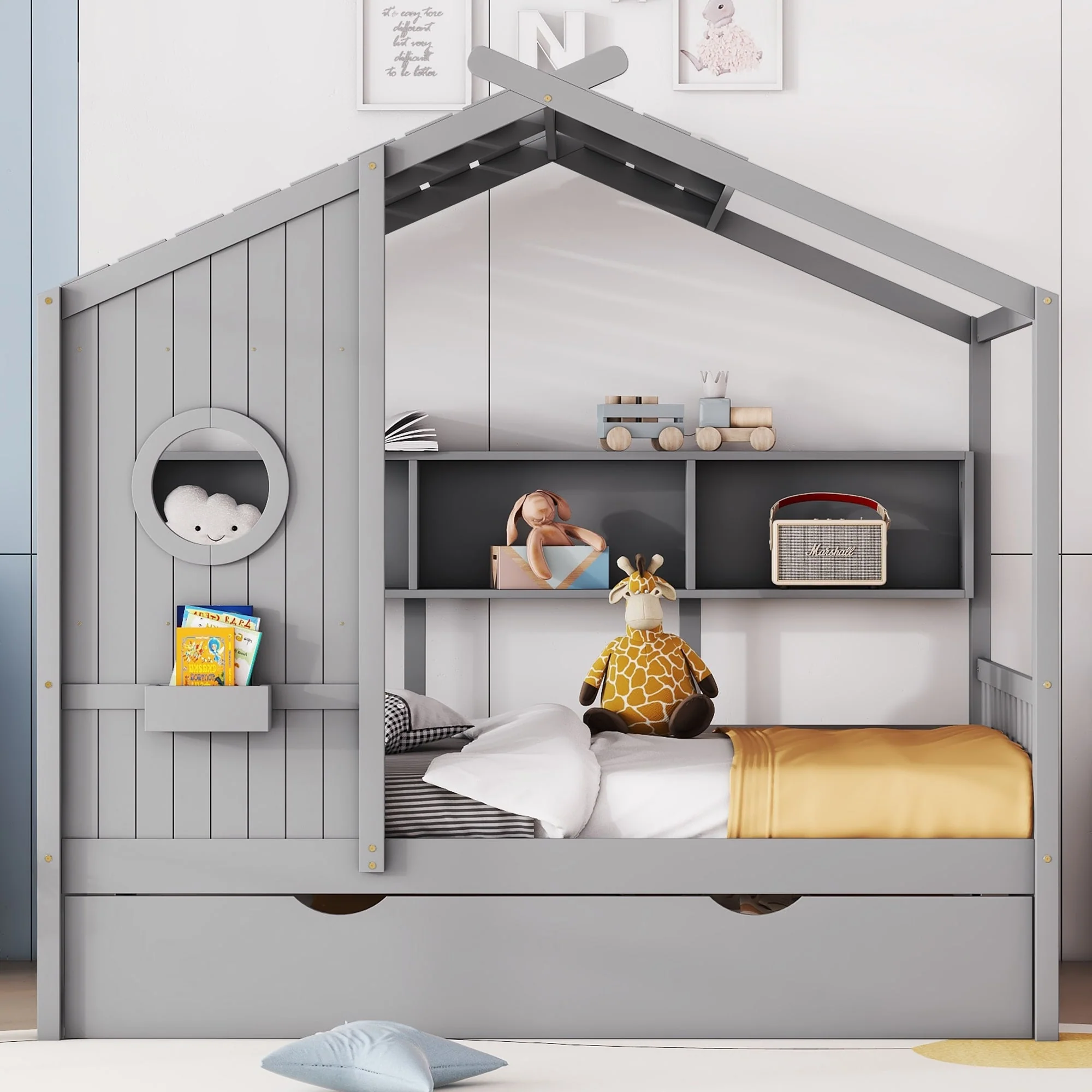 Full Size House Bed with Trundle and Storage Shelves, Modern Kids Design