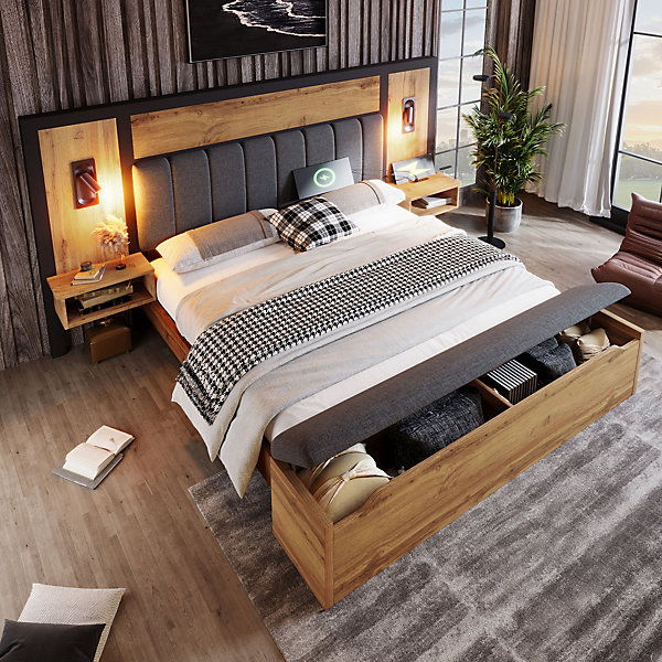 Lit 160x200 cm avec tête de lit rembourrée en lin, banc de rangement et lampes intégrées, cadre métal finition chêne