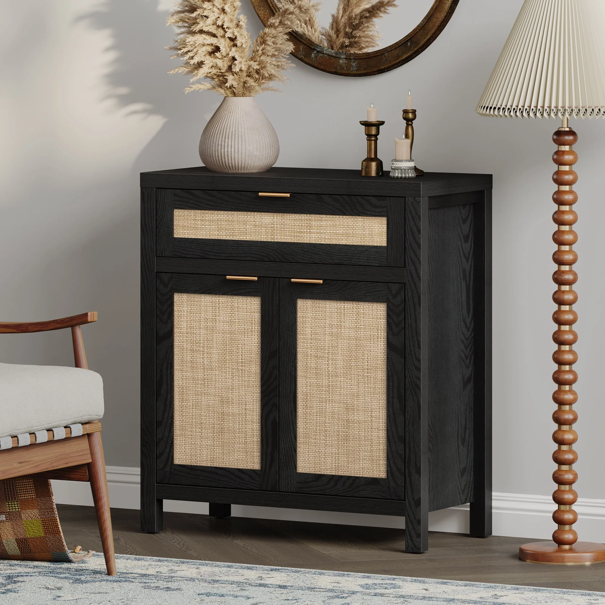 SICOTAS Farmhouse Rattan Sideboard Storage Cabinet with Drawer - N/A
