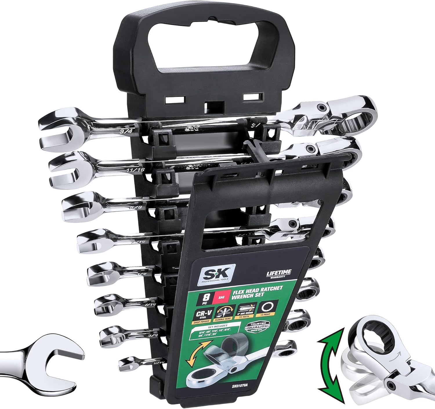SK Flex-Head Ratcheting Wrench Set, Combination Wrench Set, 8-Piece, SAE 5/16 to 3/4, 72-Tooth, Premium CR-V Construction, with Rack Organizer