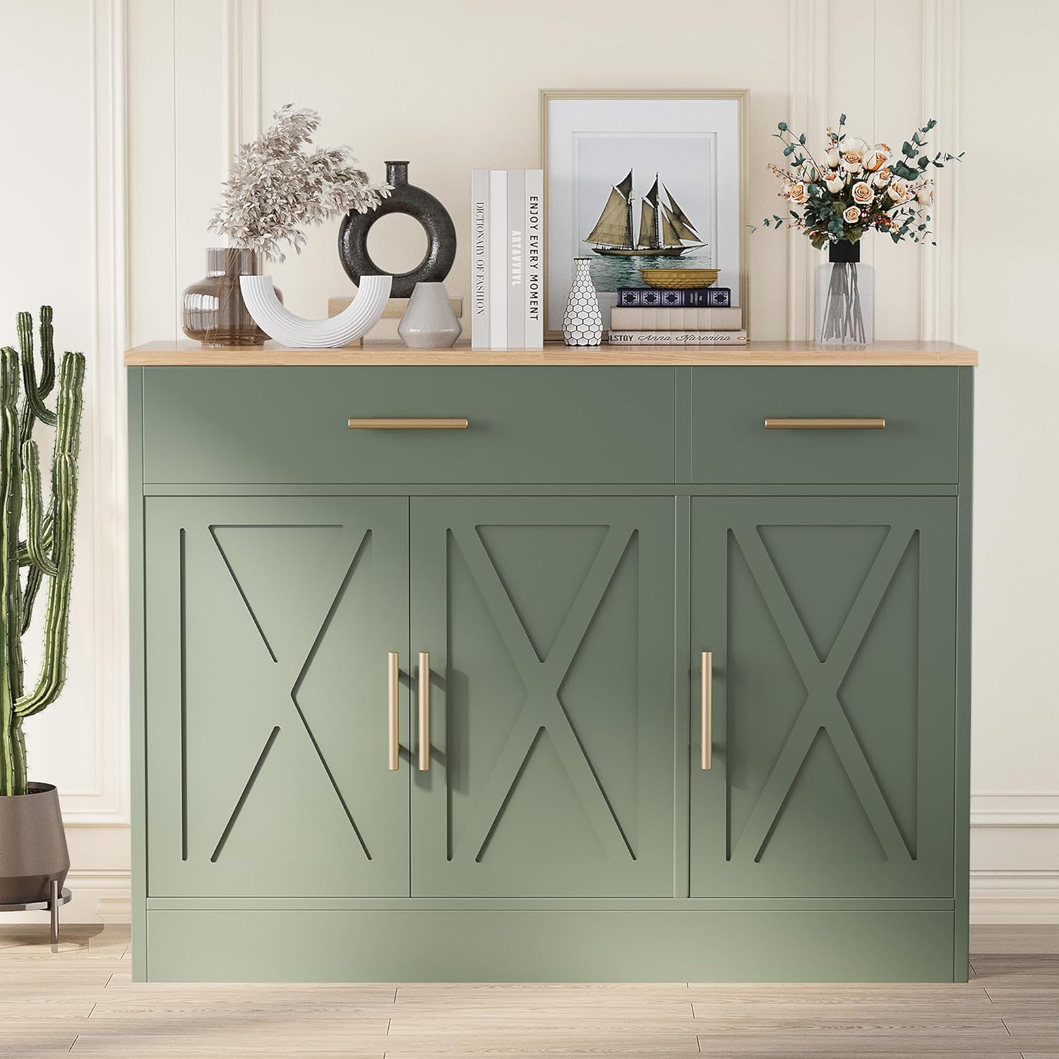 Shintenchi Modern Farmhouse Sideboard Buffet Cabinet with Storage with 3 Doors,42 Barn Doors Buffet Cabinet with Storage, Wood Coffee Bar Cabinets with Adjustable Shelf for Kitchen Living Room,Green