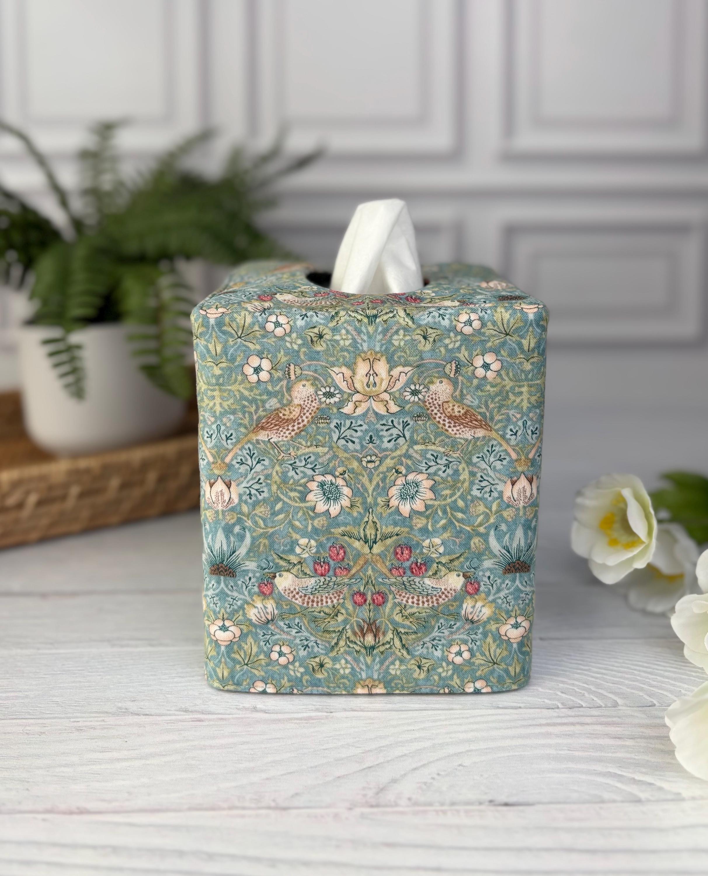 William Morris Strawberry Thief Aqua Tissue Box Cover | Reversible Fabric Floral Bird Decor | Handmade Cottage Home USA