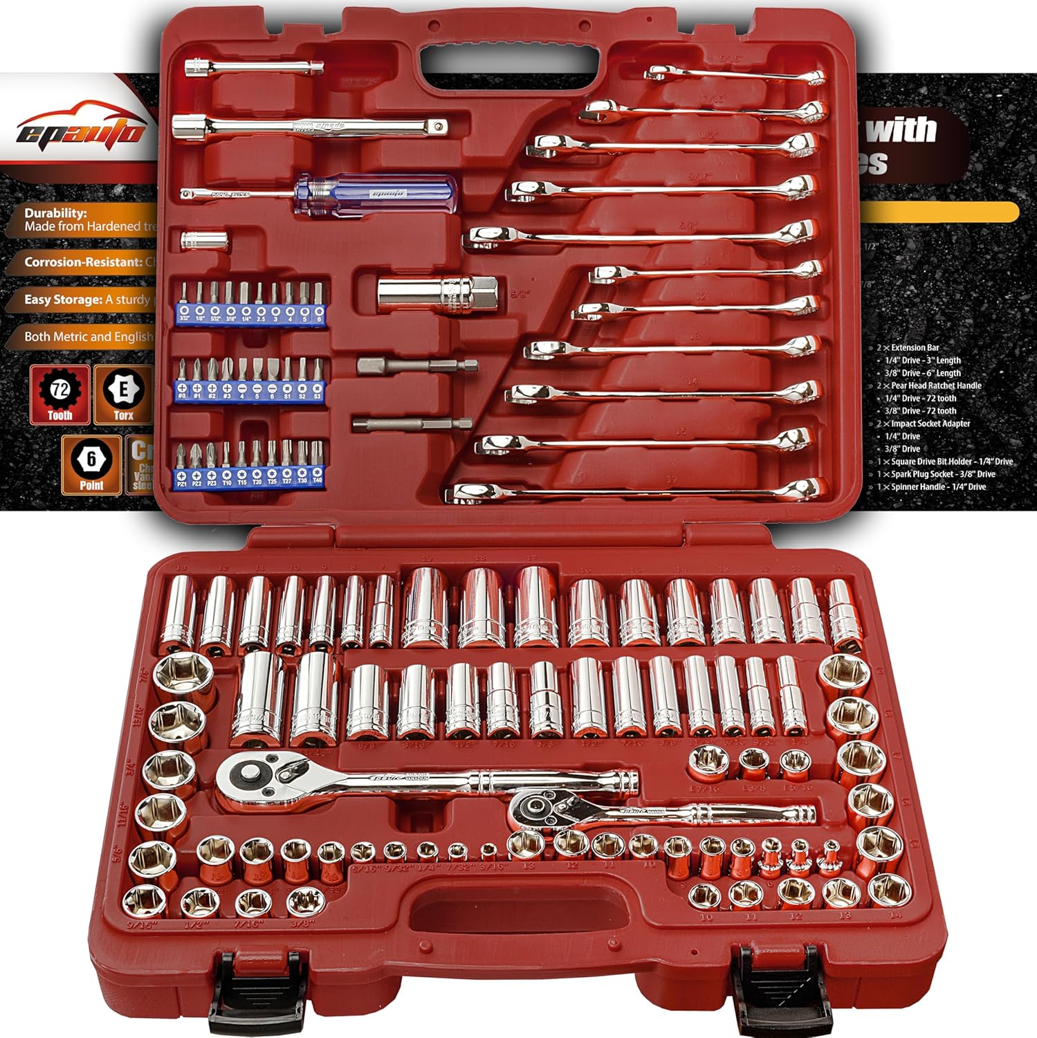 EPAuto Mechanics Tool Set Drive Socket Wrench Ratchets, SAE/Metric, 122-Piece