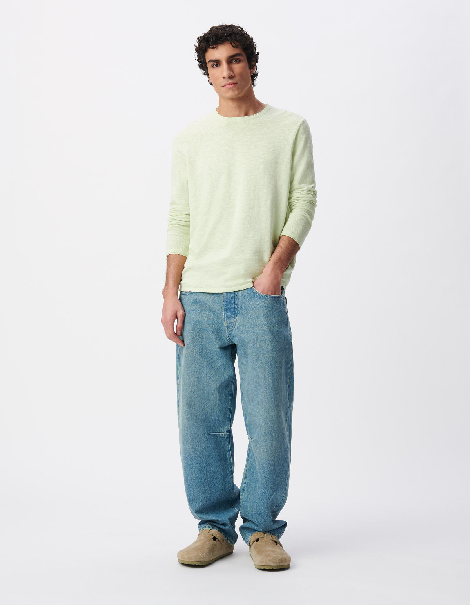 Pull vert coton bio tricot fin flammé Homme