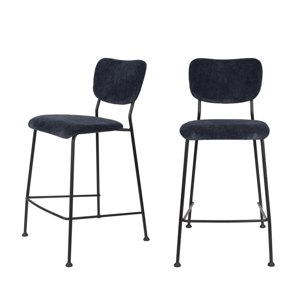BENSON - Lot de 2 tabourets de bar en velours côtelé 65cm bleu foncé