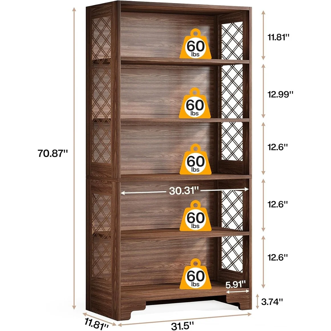 71 Inches Vintage Tall Bookcase, Floor Standing 5-Shelf Display Rack Storage Shelves
