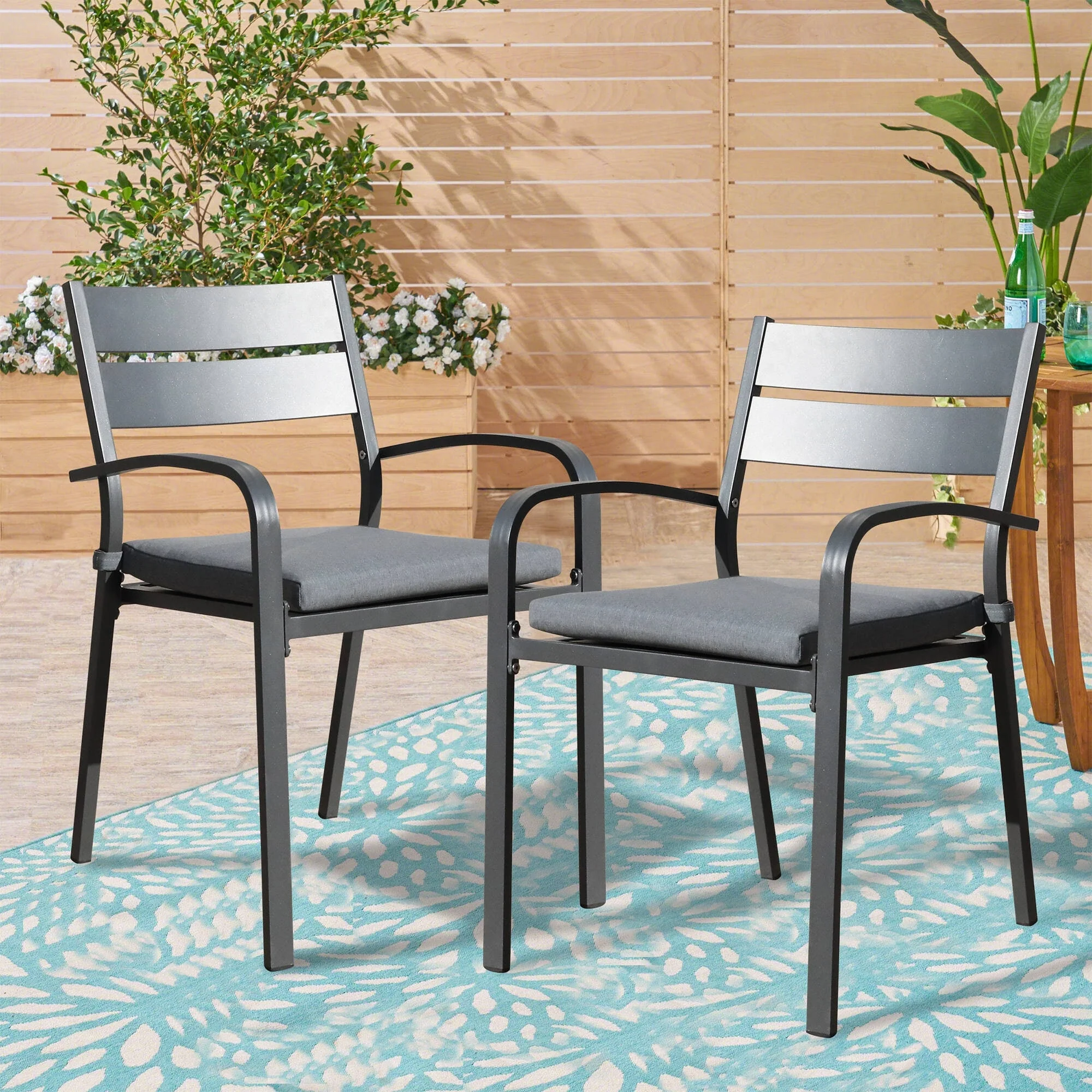 Outdoor Cushioned Aluminum Dining Chair Stackable Patio Armchairs (Set of 2)