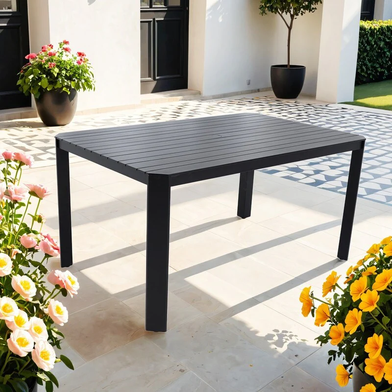 Contemporary Outdoor Aluminum Table: Alternating Slats, Angled Corners, 2 Umbrella Hole, Adjustable Anti-Slip Pads.