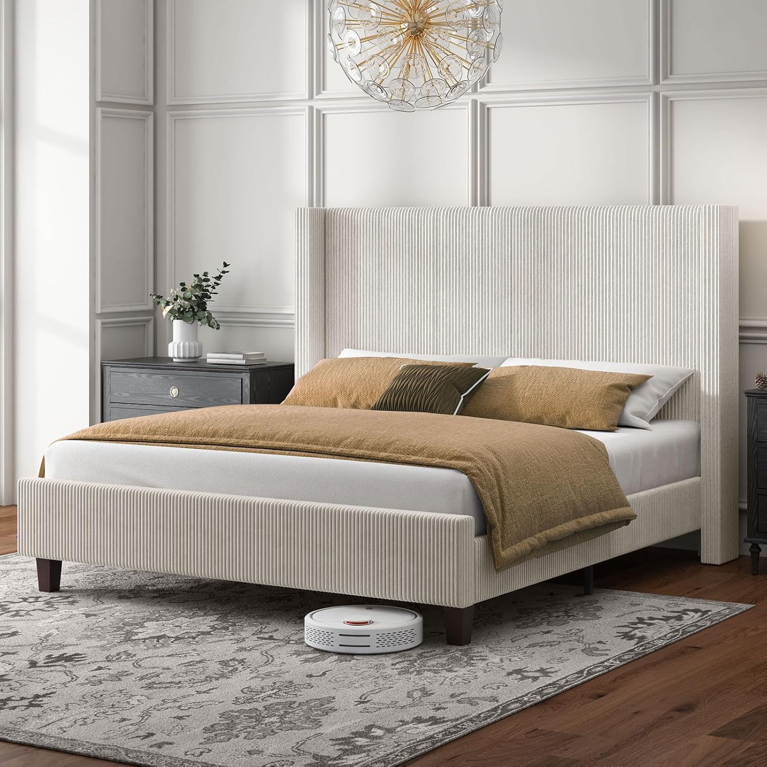 HOWE King Size Upholstered Platform Bed Frame, Wingback Bed with 50.8 Headboard, Corduroy/Solid Wood Leg/No Box Spring Needed/Noise Free/Cream