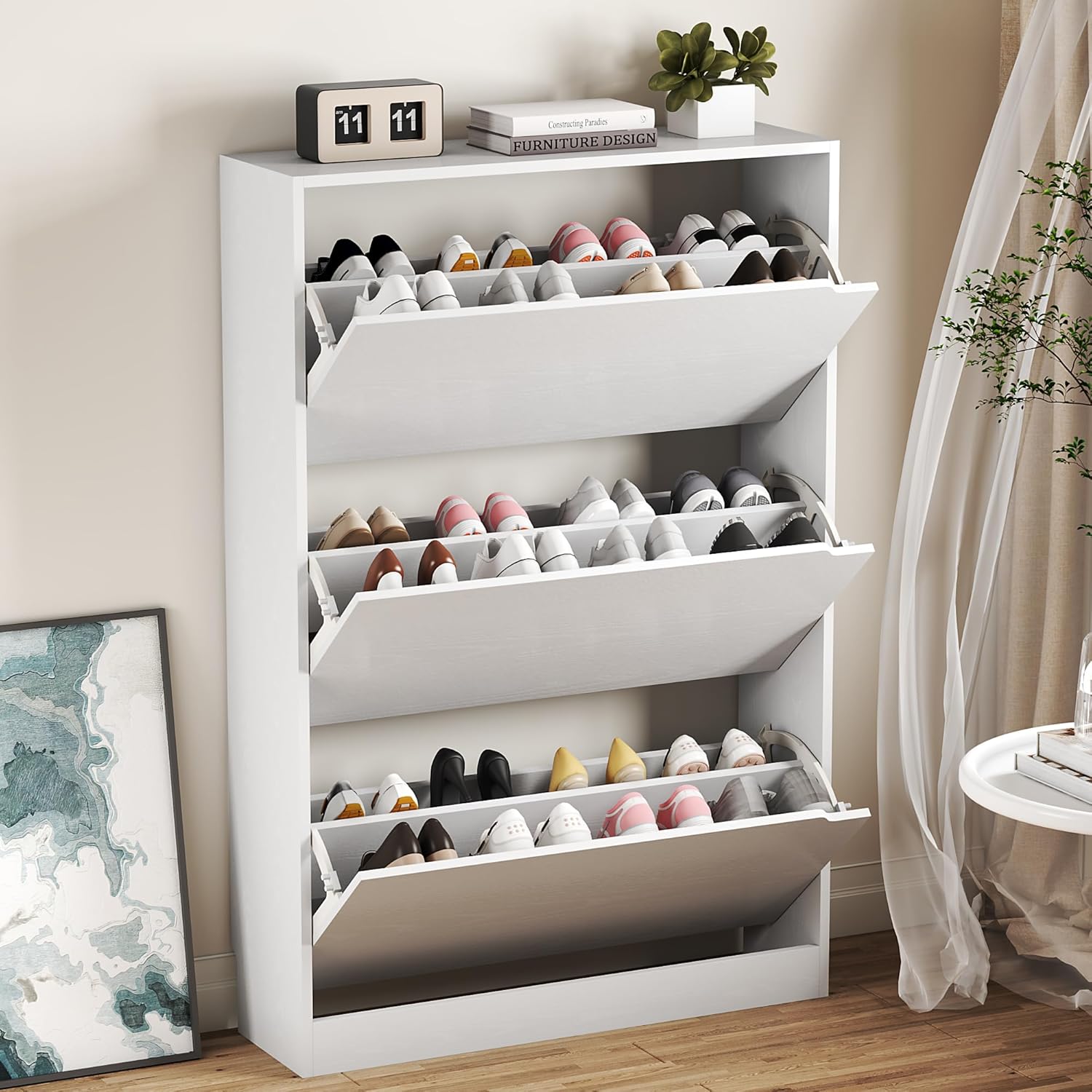 BORNOON Shoe Cabinet with 3 Flip Drawers, Hidden Wood Shoe Cabinet,Freestanding Shoe Storage Cabinet for Entryway Hallway.White. 47.2 H*31.5 W*9.45 D.