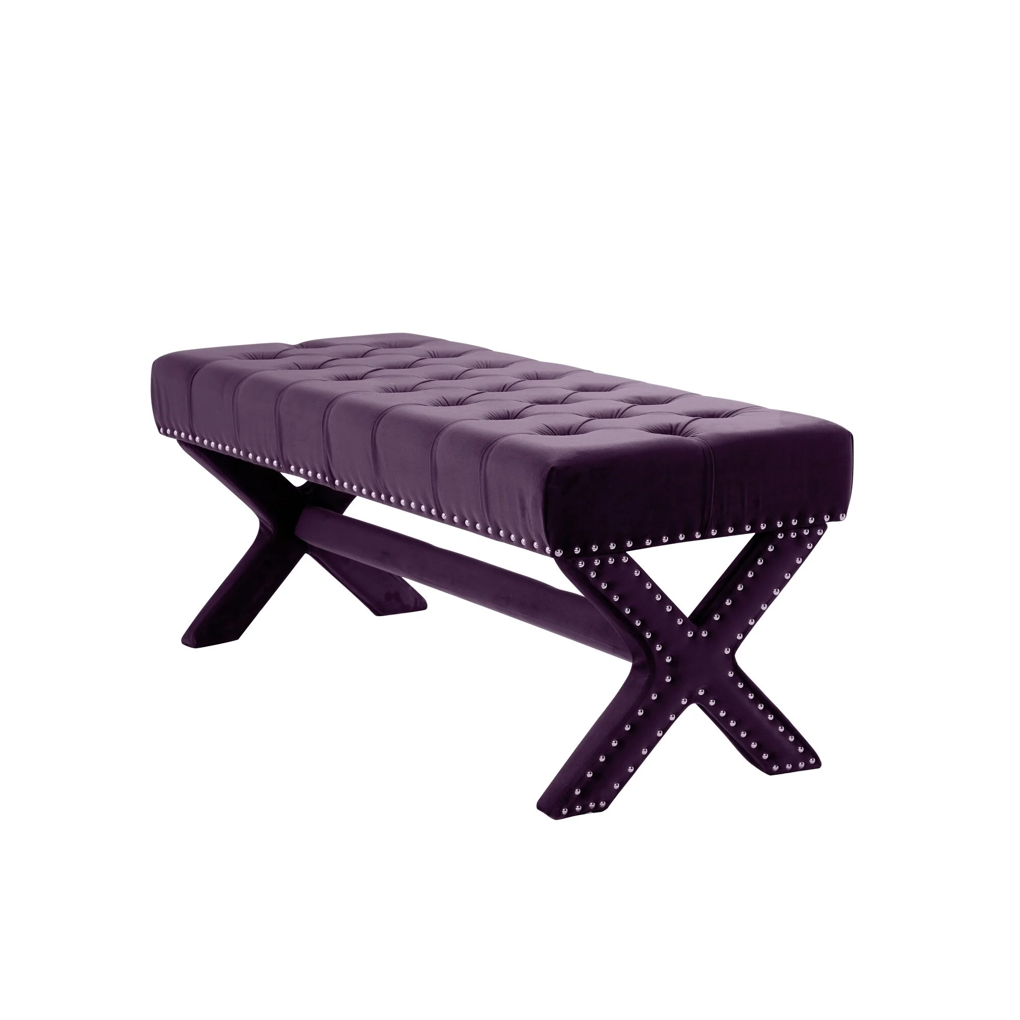 Plum Velvet Upholstered Bedroom Bench Solid Wood X-Legs Nailhead Trim - 19.68” D x 45.27” W x 19.29” H