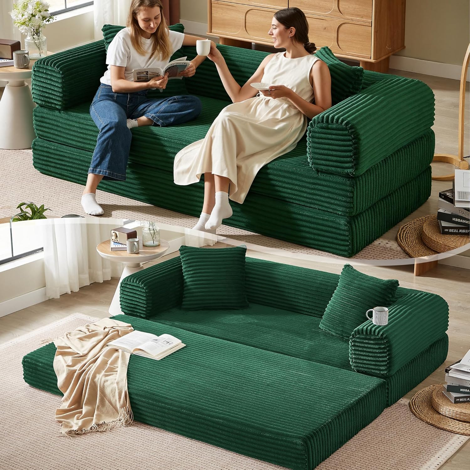 Boneless Couch Versatile Couches for Living Room No-Install Sofa Bed Corduroy Futon Soft Cloud Couch with Pillows for Bedroom Game Movie (Green, 76)
