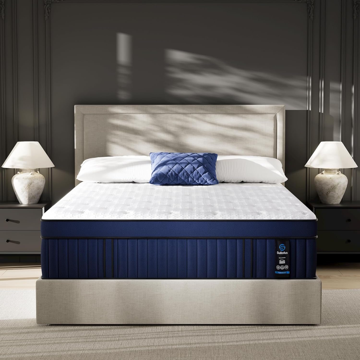 Suiforlun 14 Inch Cal King Mattress with Ice Silk Cover, Euro Top Hybrid Gel Memory Foam with 7-Zone Pocketed Coils, Medium Firm California King Size Mattress for Pressure Relief