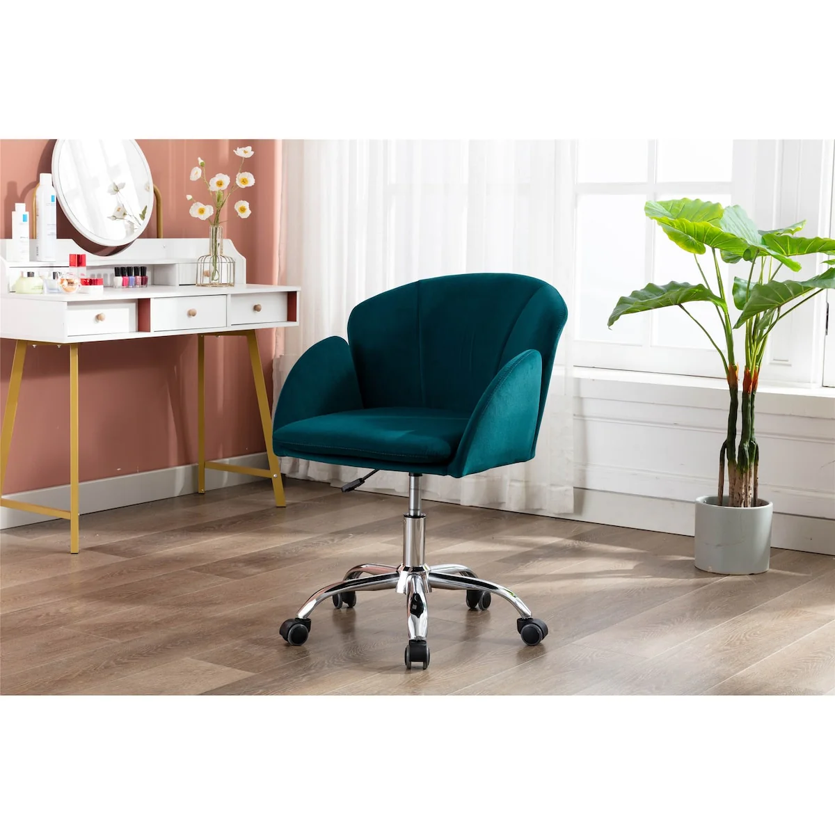 Modern Leisure Swivel Adjustable Office Chair with Velvet Fabric and Golden Feet Base