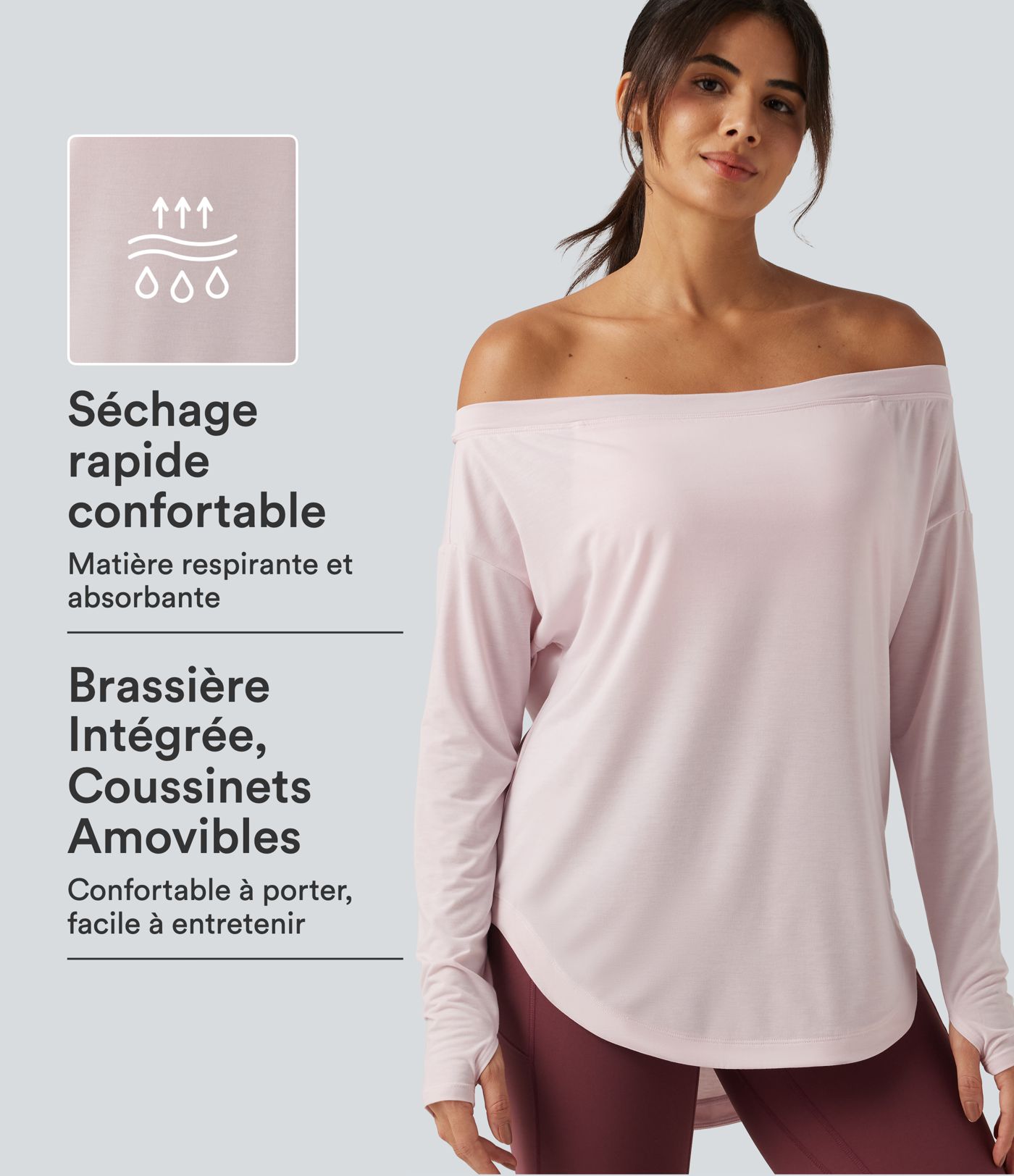 Haut de yoga à épaules dénudées, manches longues, brassière intégrée et séchage rapide