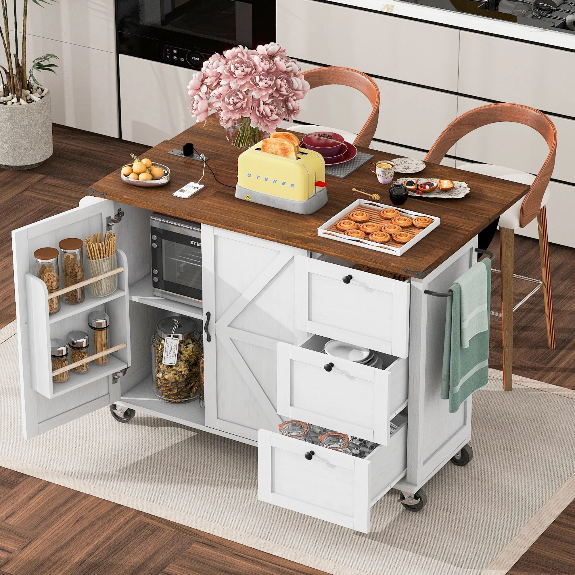 Mobile Kitchen Island with Power Outlet, Rolling Kitchen Cart on Wheels, Kitchen Storage Island with Drop Leaf & Drawer