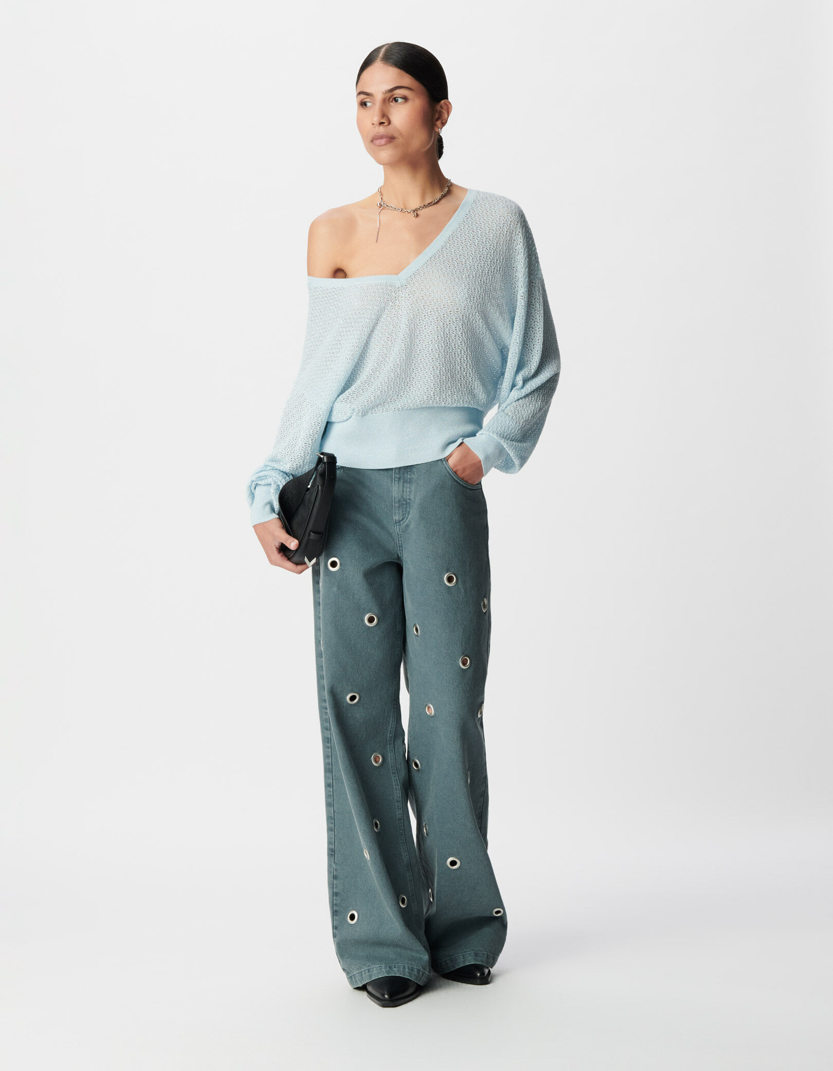 Pull chic bleu tricot fantaisie pailleté ajouré Femme