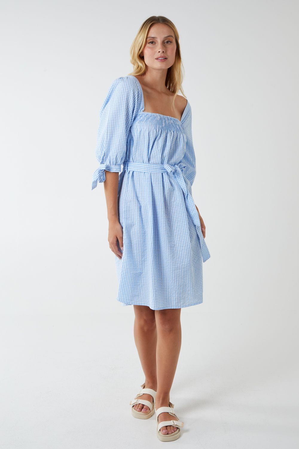 Blue Vanilla Milkmaid Square Neck Shirred Swing Dress