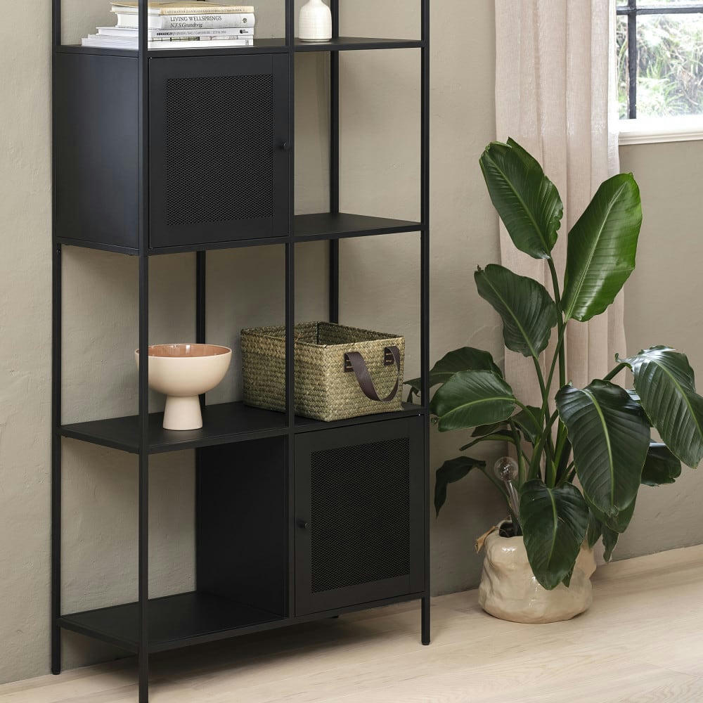 ABEL - Bibliothèque 2 portes, 6 niches en métal H180cm noir