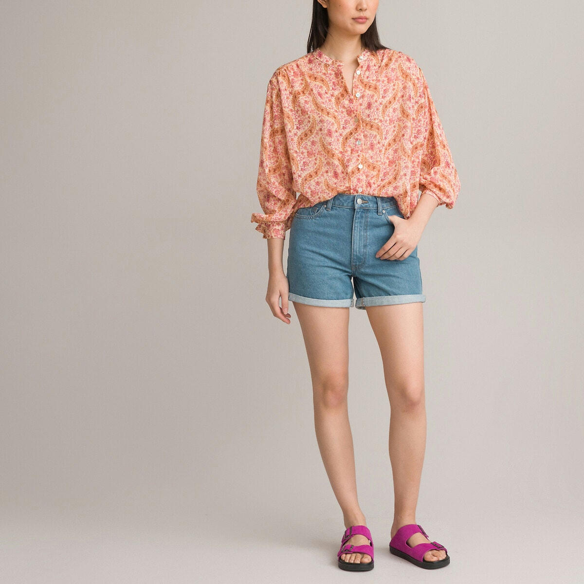 Blouse col mao, manches longues, imprimée