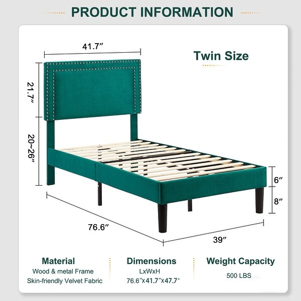 VECELO Height Adjustable Upholstered Platform Bed with Tufted Nailhead Trim Headboard,15 Options