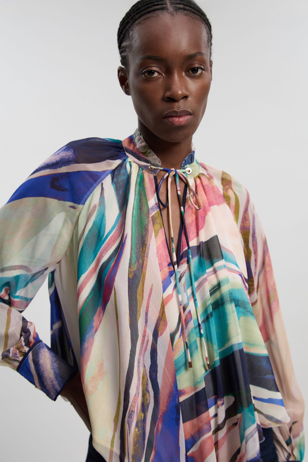 KarenMillen Marble Print Crinkle Chiffon Cape Woven Blouse